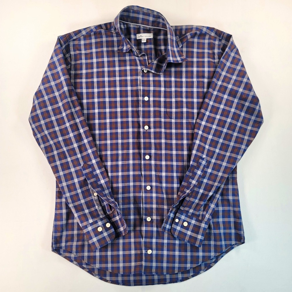 Peter Millar Mens M Plaid Stretch Cotton Button Down Shirt Blue Brown Golf